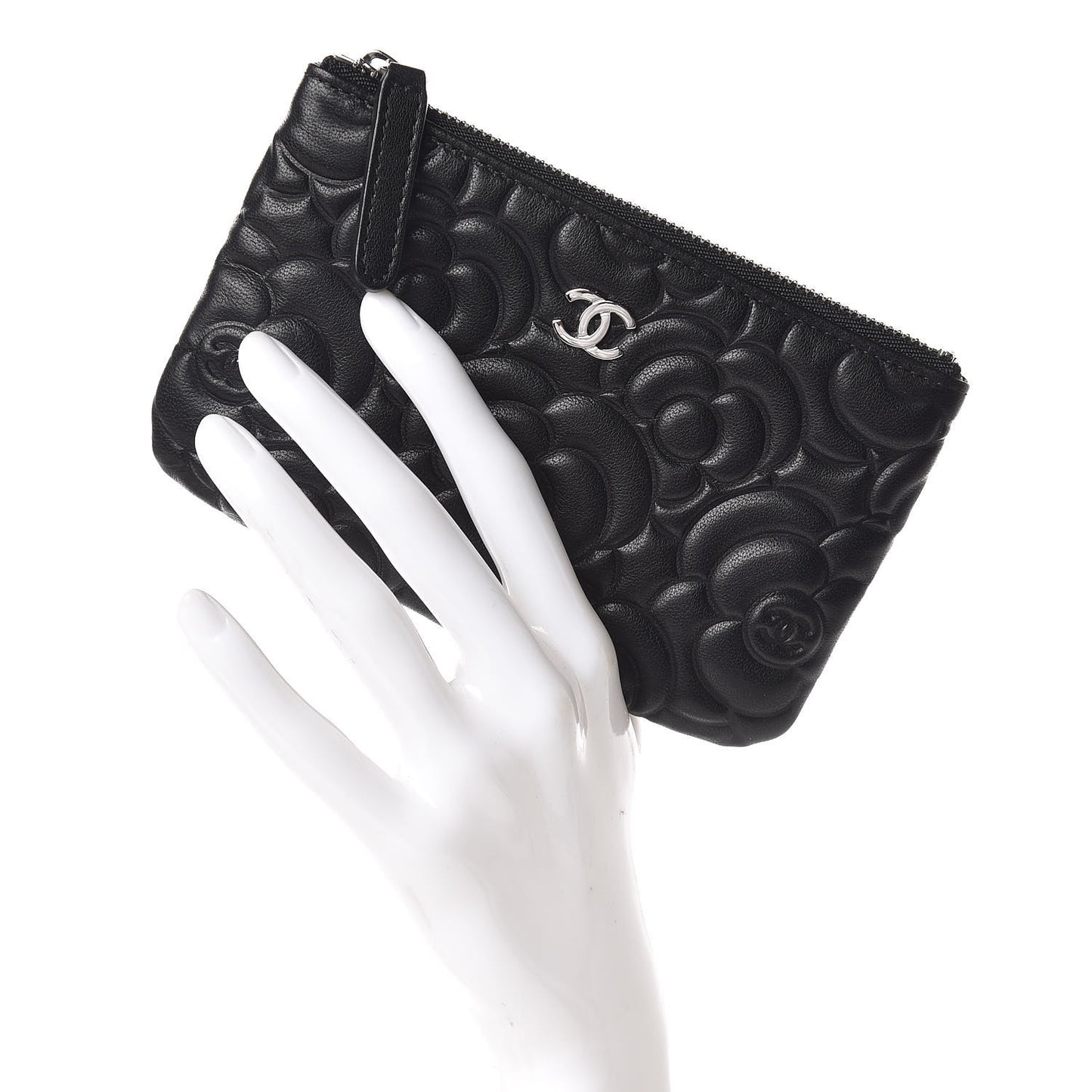 Goatskin Camellia Embossed Cosmetic Pouch Black