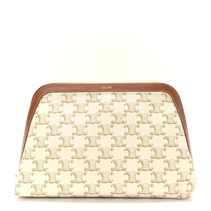 Celine Triomphe Canvas Calfskin Large Cosmetic Pouch White Tan 1 of 7