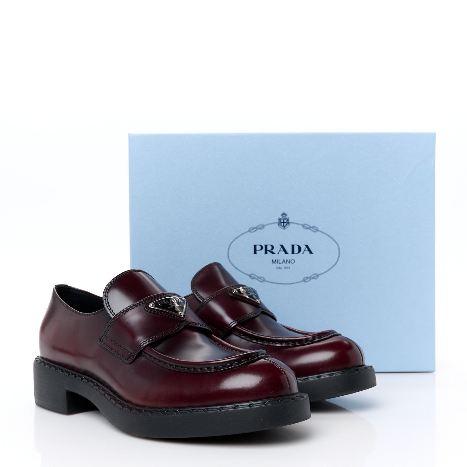 Prada Spazzolato Metal Triangle Logo 50mm Loafers 39.5 Cordovan 9 of 9