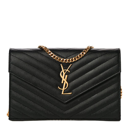 Saint Laurent Grain De Poudre Matelasse Chevron Monogram Chain Wallet Black 1 of 11