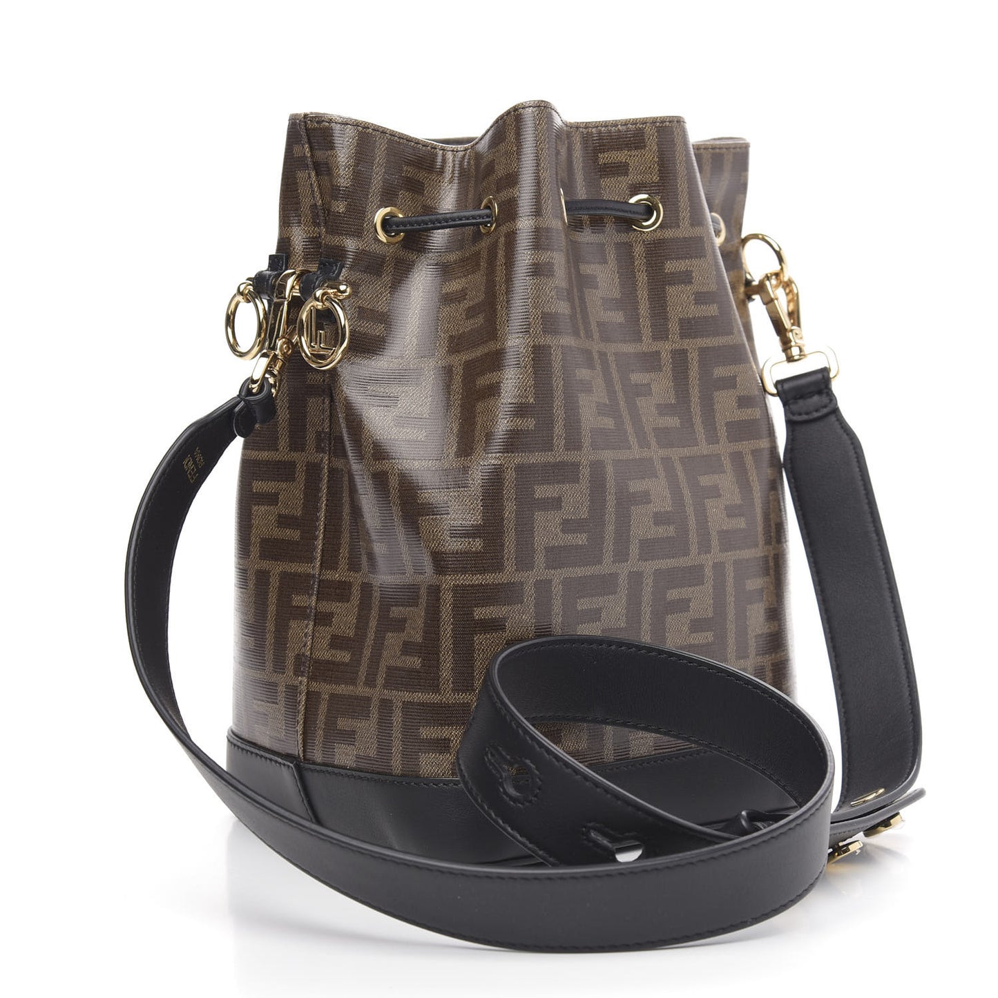 Glazed Fabric Vitello Grace F is Fendi FF 1974 Stamp Patch Grande Mon Tresor Bucket Bag Mogano Panna Black