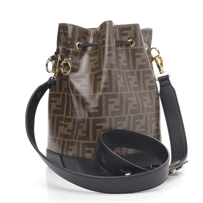 Fendi Glazed Fabric Vitello Grace F is Fendi FF 1974 Stamp Patch Grande Mon Tresor Bucket Bag Mogano Panna Black 3 of 10