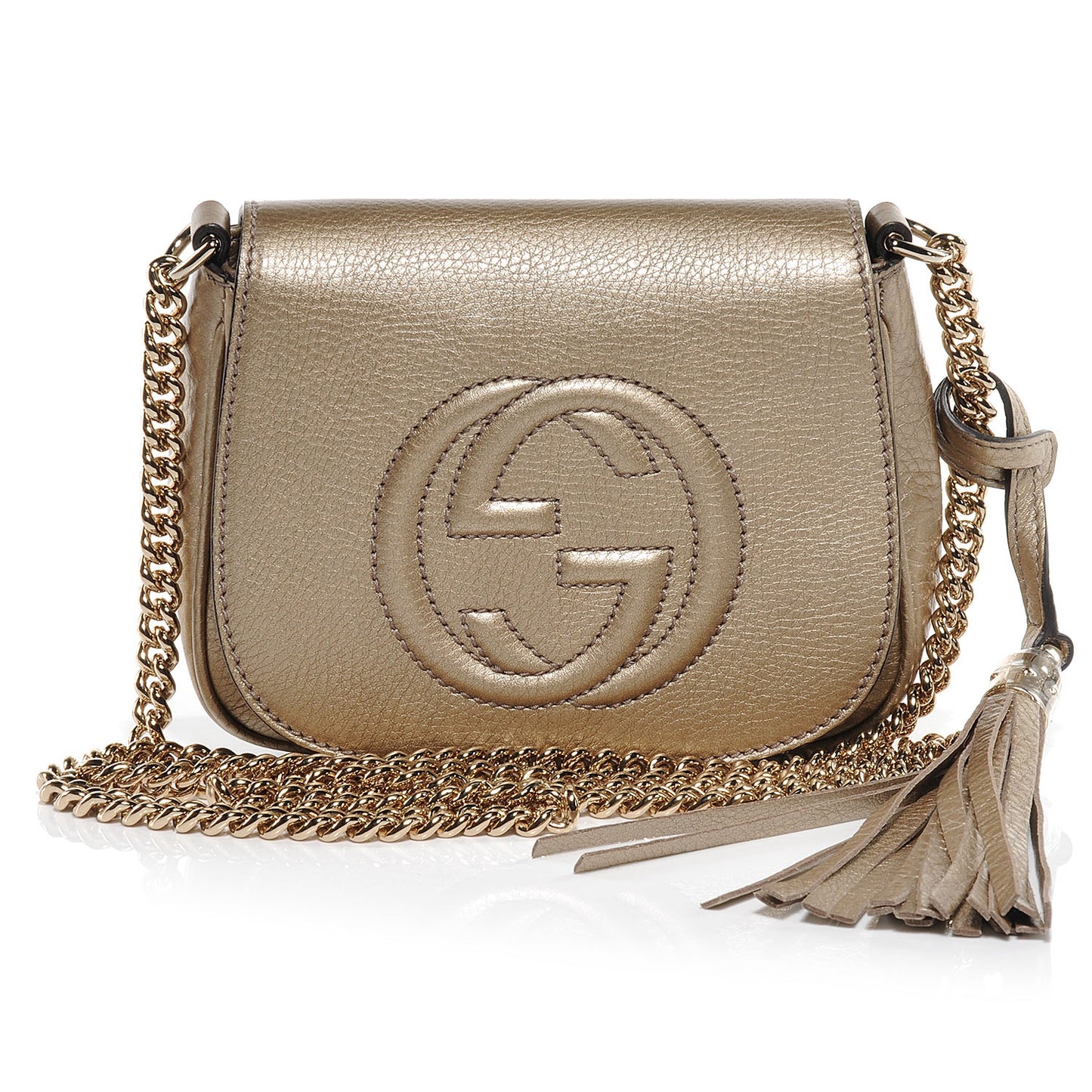Metallic Pebbled Calfskin Small Soho Flap Crossbody Golden Beige