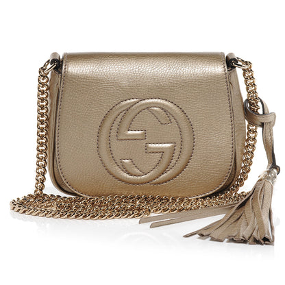 Gucci Metallic Pebbled Calfskin Small Soho Flap Crossbody Golden Beige 1 of 7