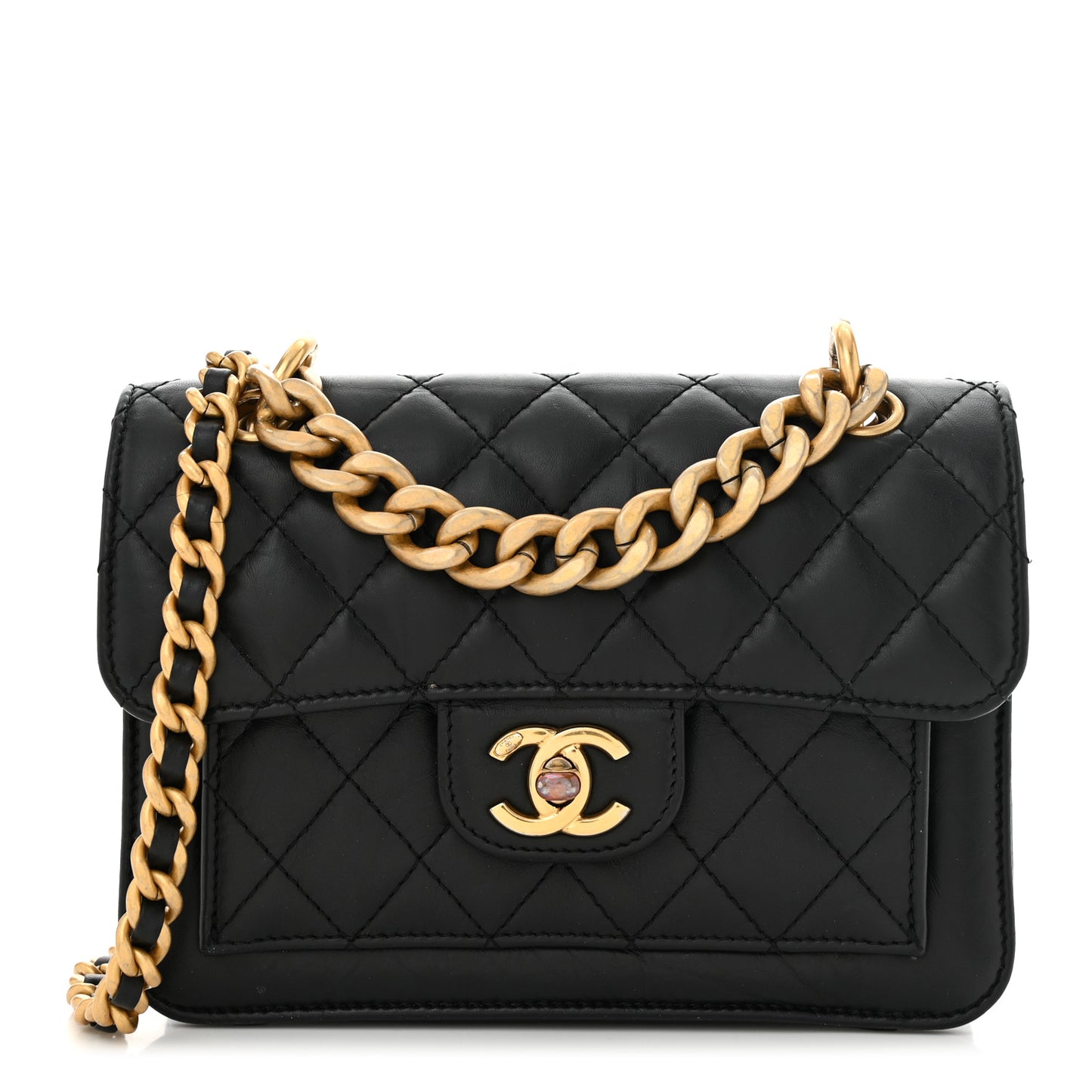 Aged Calfskin Quilted Double You Mini Flap Black