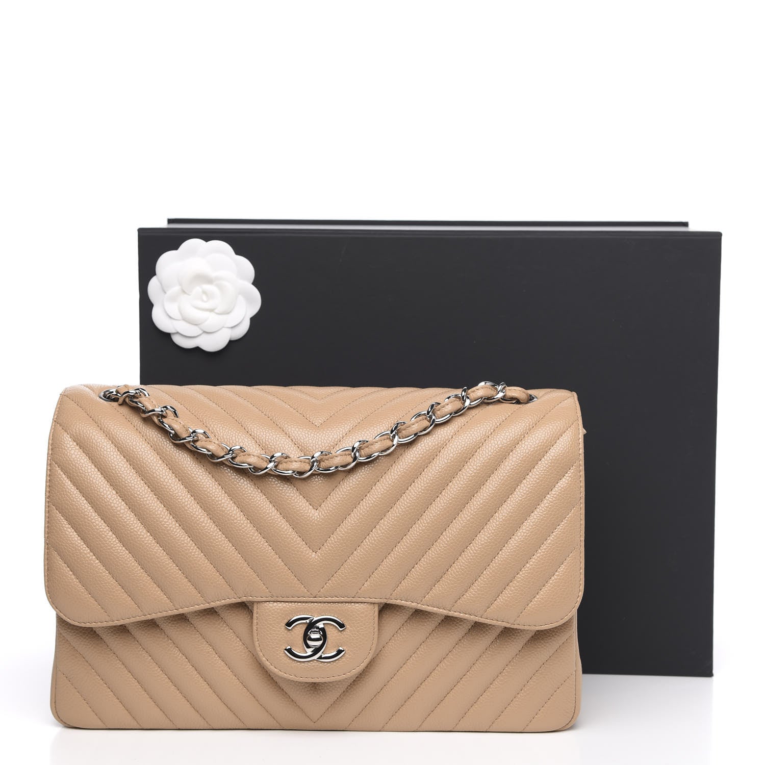 Chanel Caviar Chevron Quilted Jumbo Double Flap Beige 12 of 12
