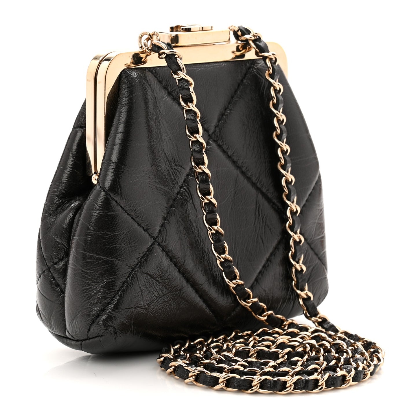 Shiny Aged Lambskin Quilted Kiss Lock Clutch With Chain Black