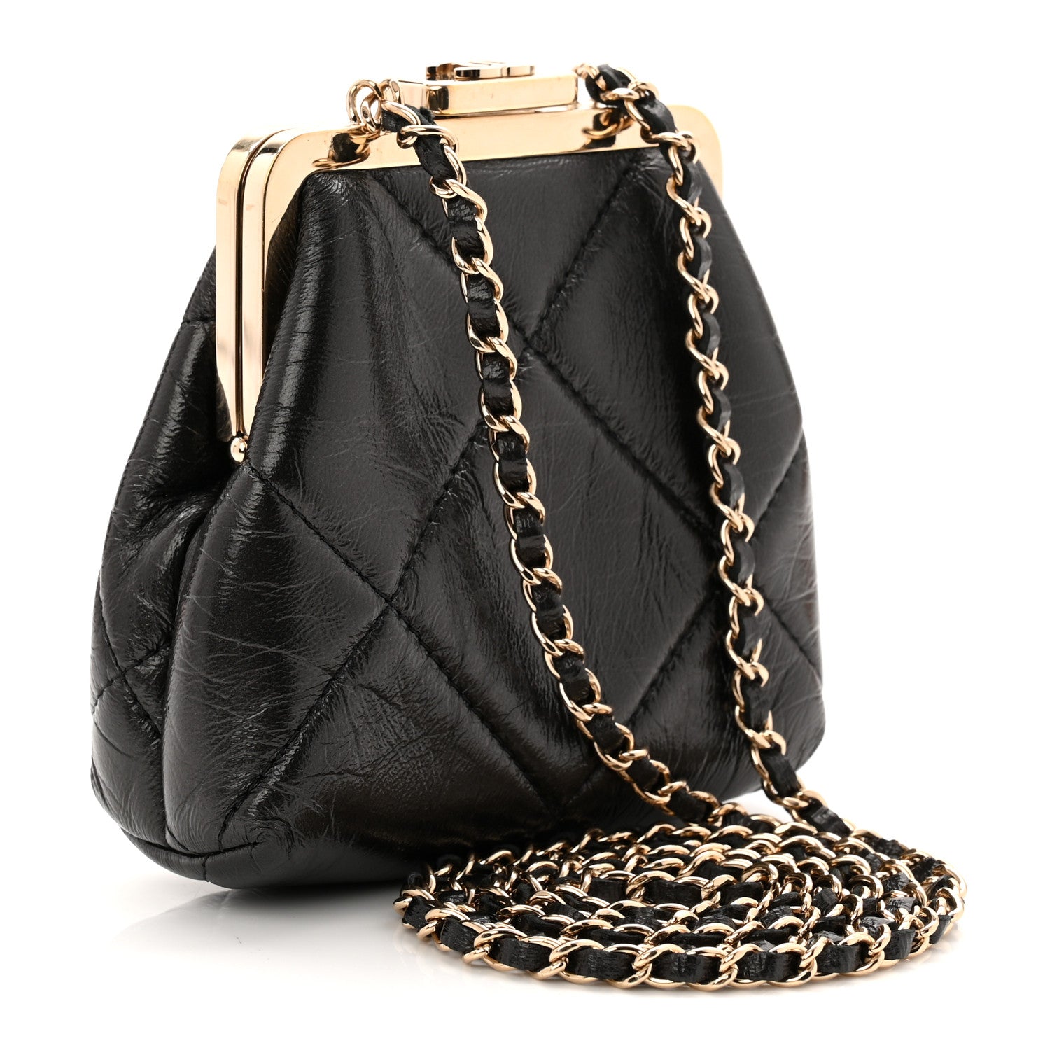 Chanel Shiny Aged Lambskin Quilted Kiss Lock Clutch With Chain Black 3 of 10