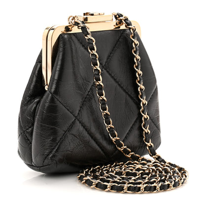 Chanel Shiny Aged Lambskin Quilted Kiss Lock Clutch With Chain Black 3 of 10