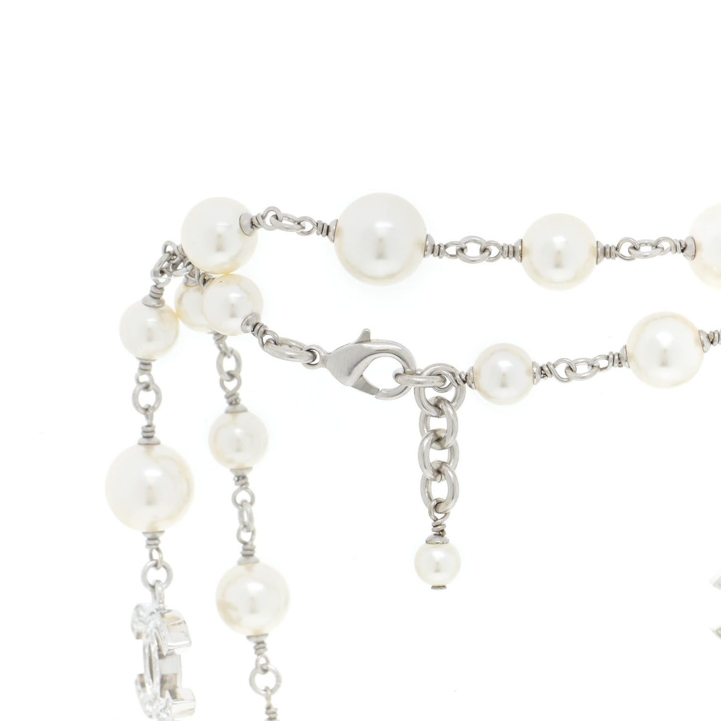 Crystal Pearl CC Long Necklace Silver