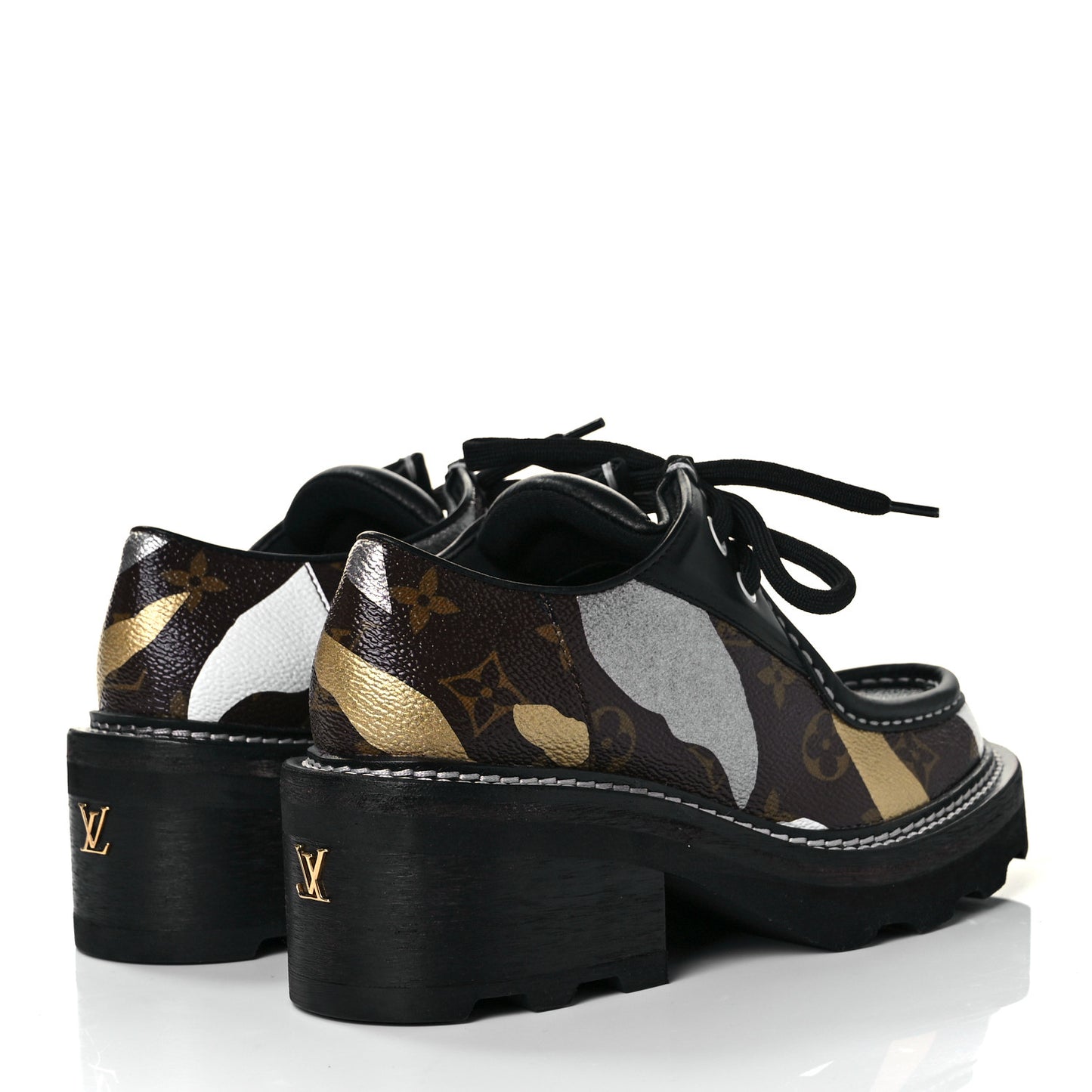 X LOL Monogram Calfskin Beaubourg Platform Derby Shoes 36 Gold Silver