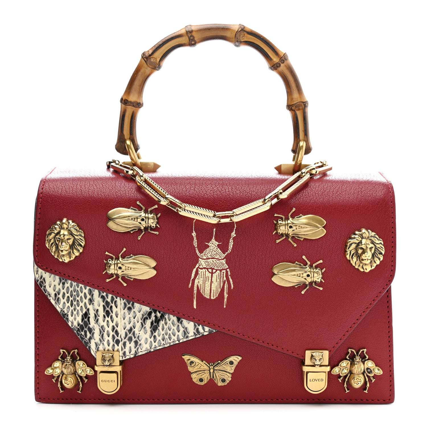 Gucci Calfskin Snakeskin Studded Small Ottilia Top Handle Bag Hibiscus Red 1 of 16