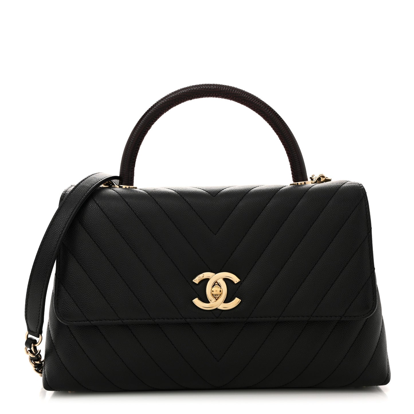 Caviar Lizard Embossed Quilted Chevron Small Coco Handle Flap Black