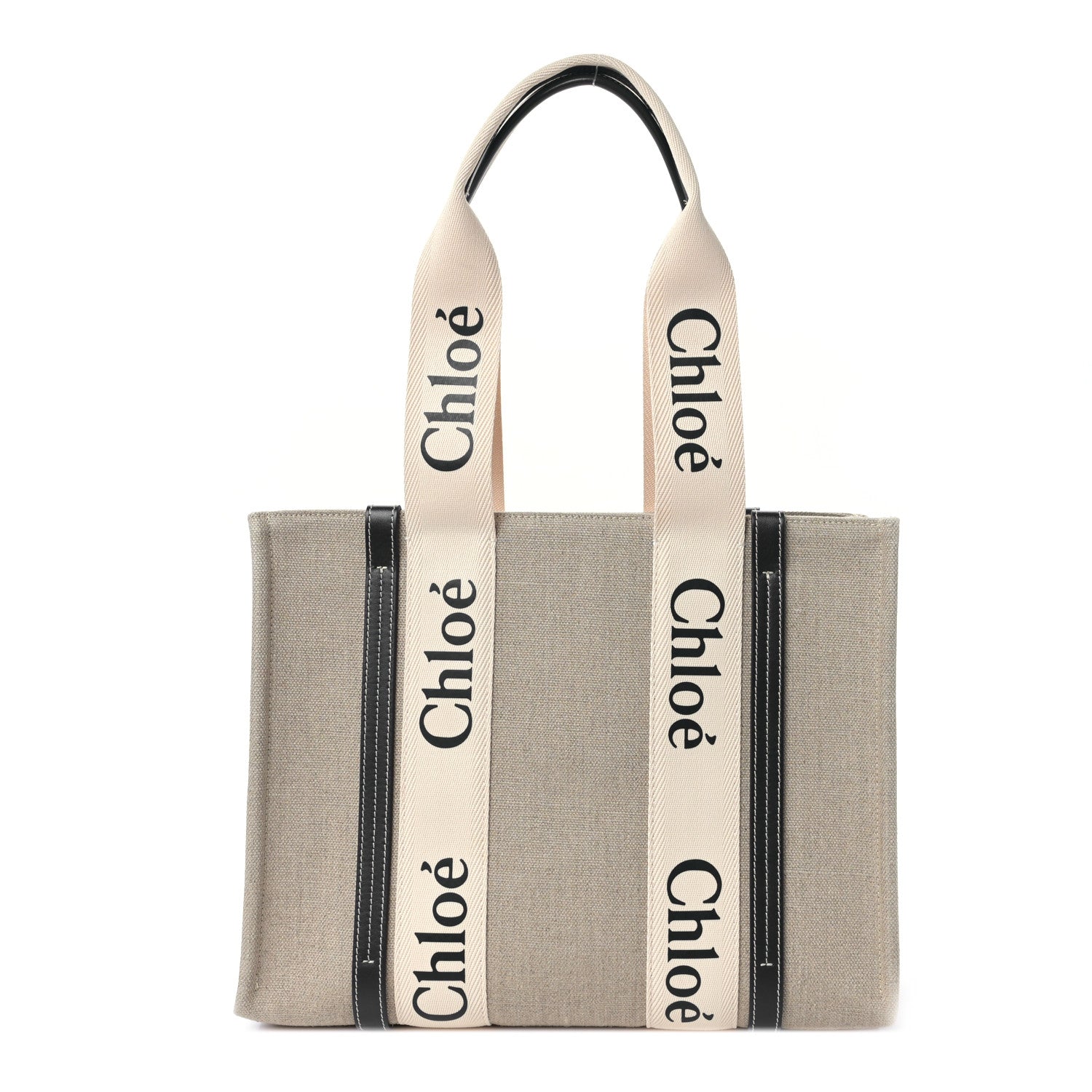 Chloe Linen Calfskin Medium Woody Ribbon Tote White Black 1 of 8