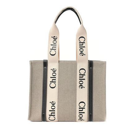 Chloe Linen Calfskin Medium Woody Ribbon Tote White Black 1 of 8
