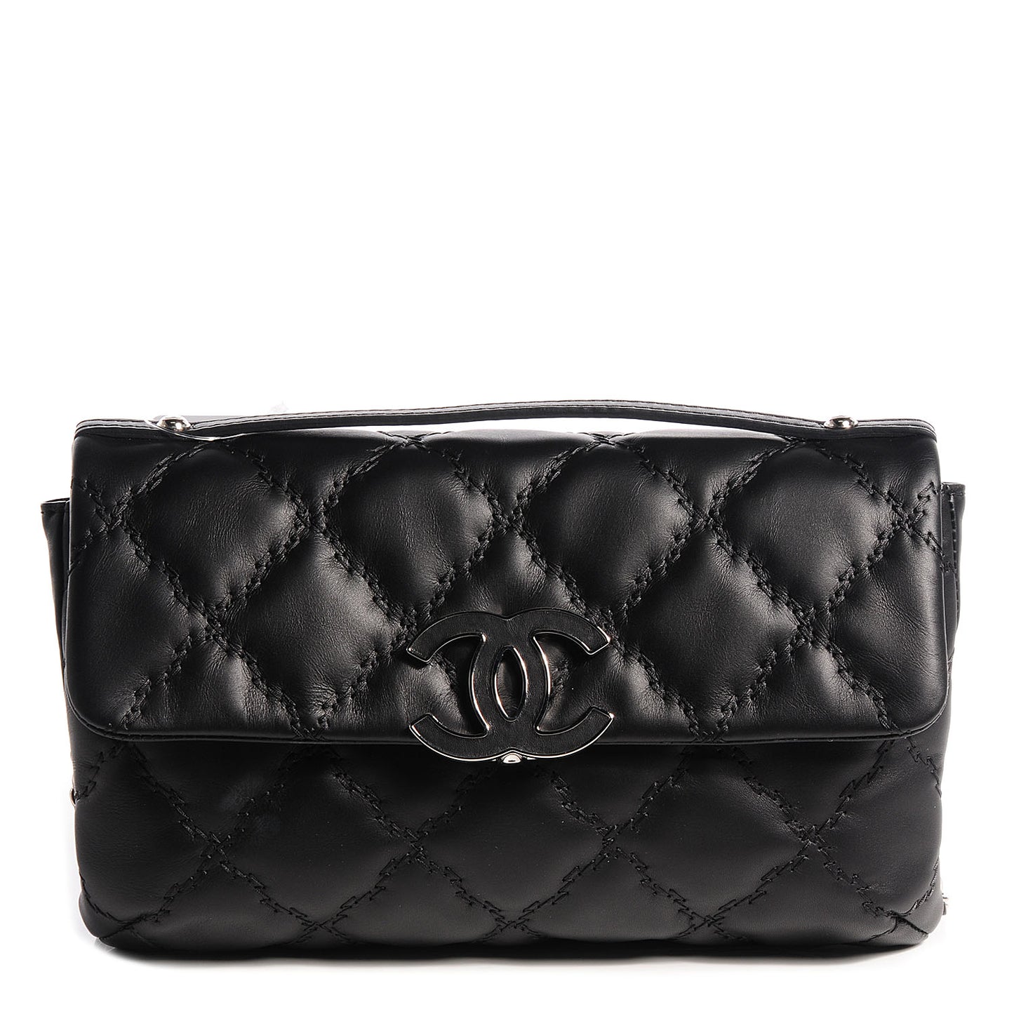 Calfskin Double Stitch Hamptons Clutch with Chain Black