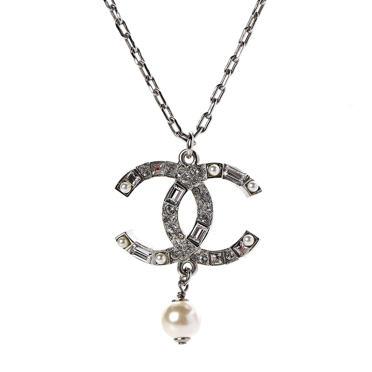Baguette Crystal Pearl CC Pendant Necklace Silver