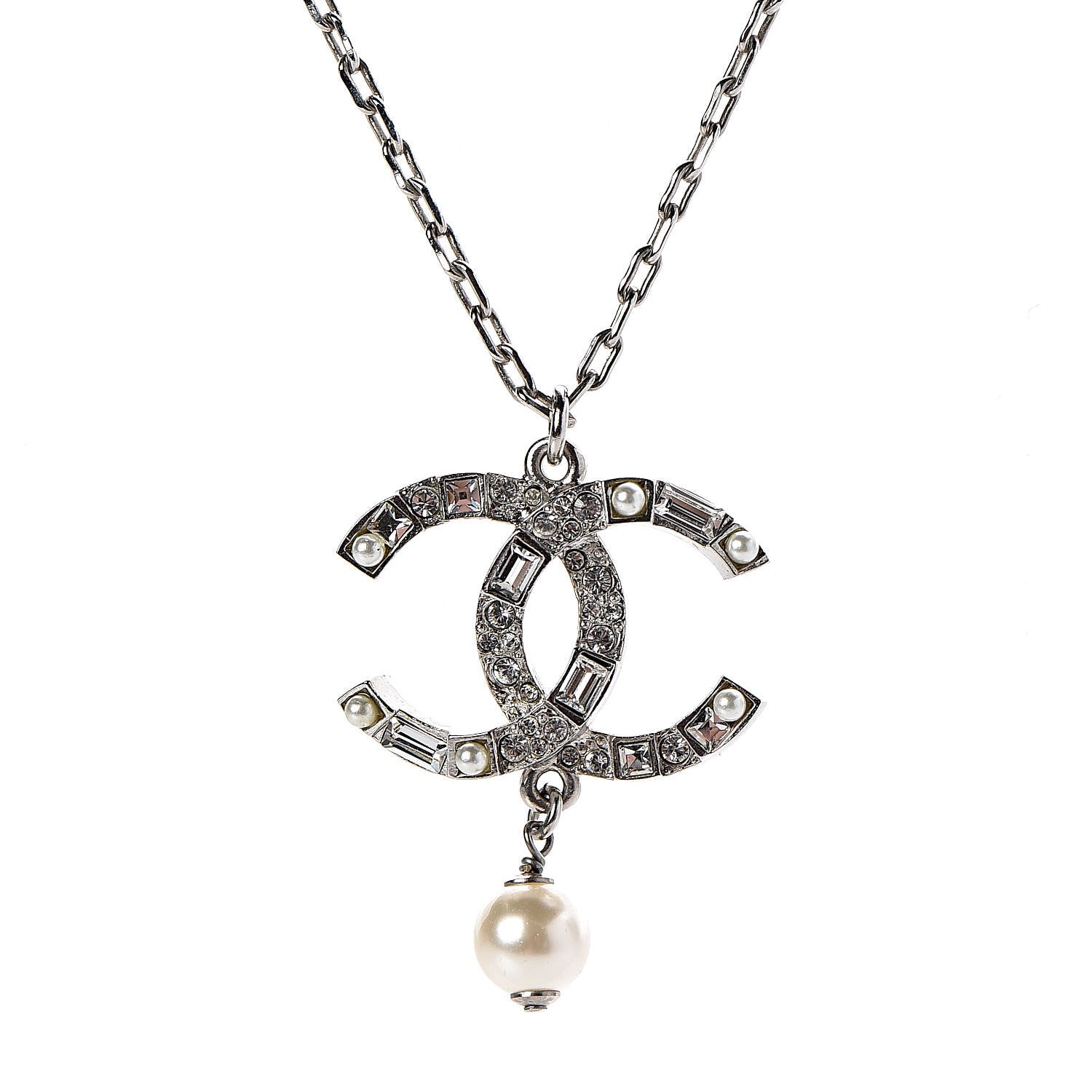Chanel Baguette Crystal Pearl CC Pendant Necklace Silver 5 of 5