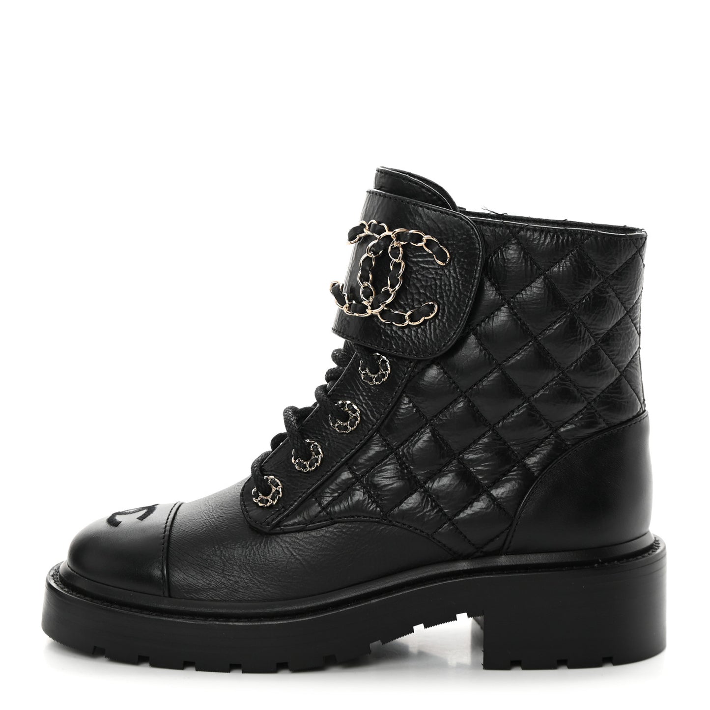 Shiny Goatskin Calfskin Quilted Lace Up Combat Boots 35.5 Black