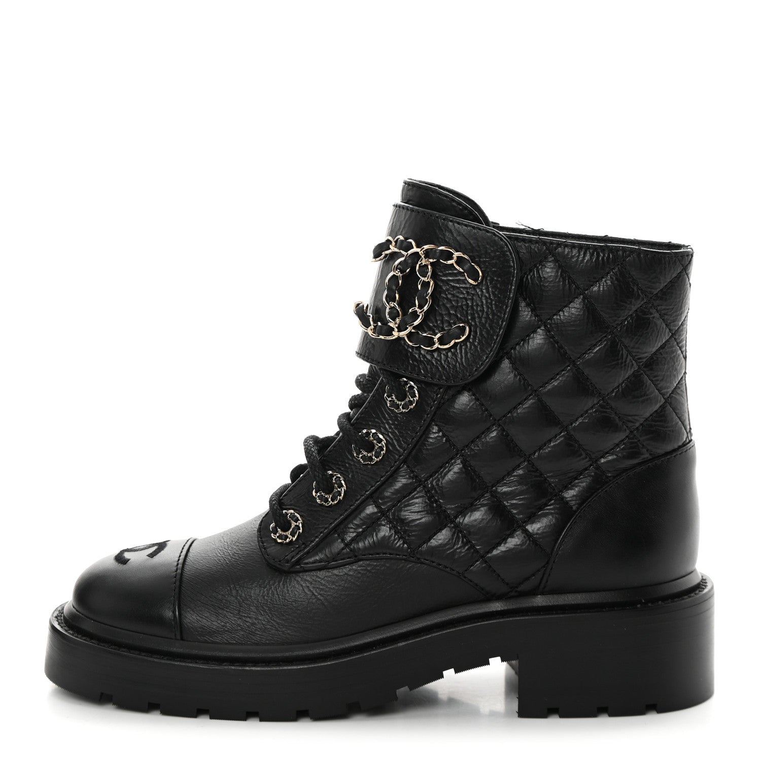 Chanel Shiny Goatskin Calfskin Quilted Lace Up Combat Boots 35.5 Black 1 of 10