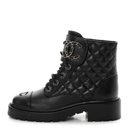 Chanel Shiny Goatskin Calfskin Quilted Lace Up Combat Boots 35.5 Black 1 of 10