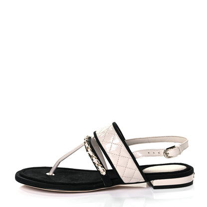 Chanel Patent Lambskin Quilted Chain CC Thong Sandals 37 Ivory Black 1 of 7