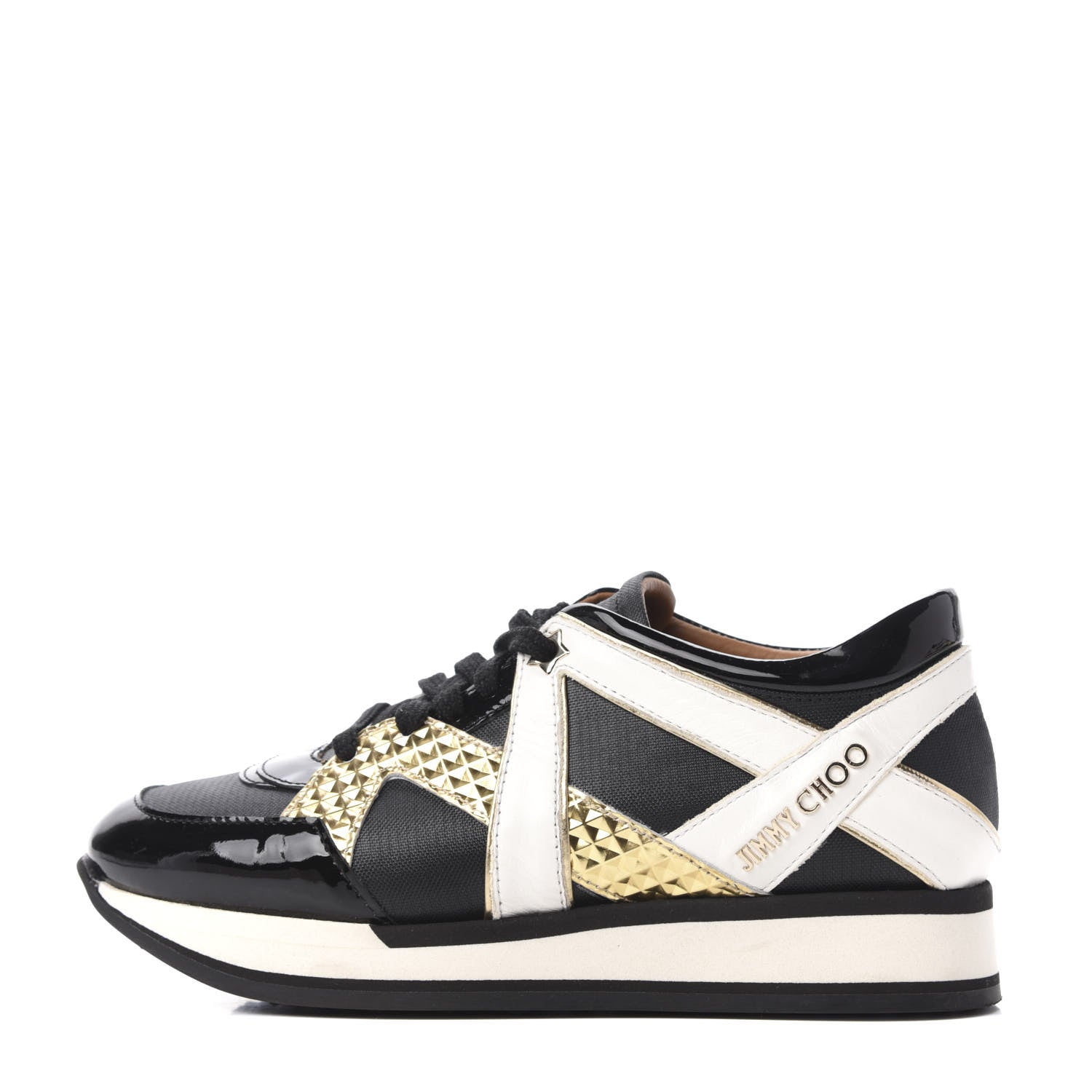 Jimmy Choo Canvas Patent Calfskin London Low Top Sneakers 36 Black Gold 1 of 12