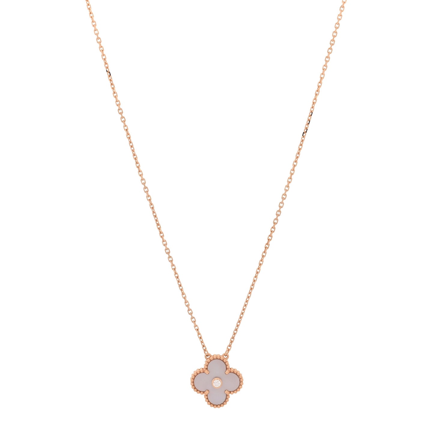 18K Rose Gold Diamond Pink Mother of Pearl Vintage Alhambra Pendant Necklace