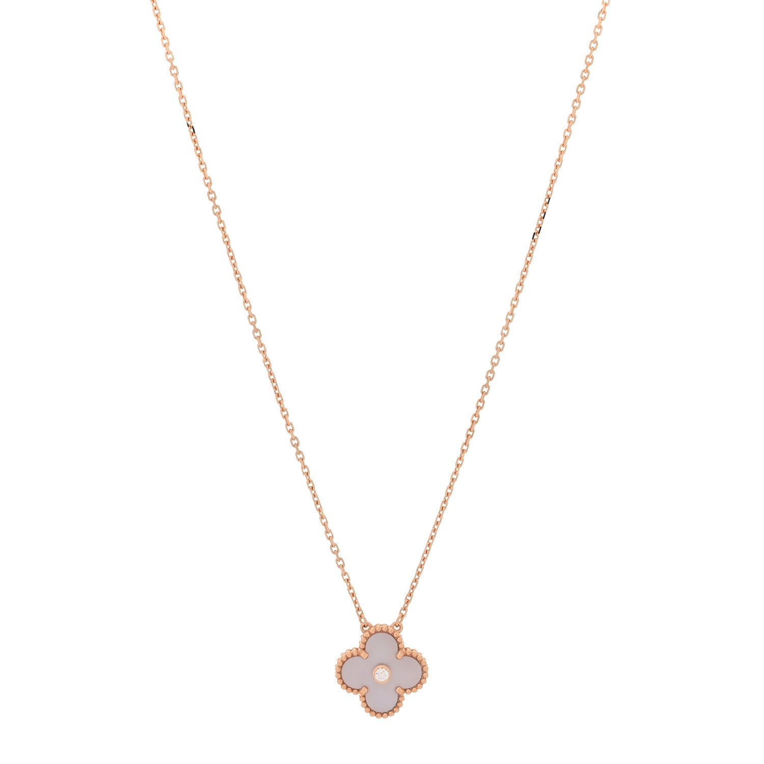 Van Cleef & Arpels 18K Rose Gold Diamond Pink Mother of Pearl Vintage Alhambra Pendant Necklace 1 of 6