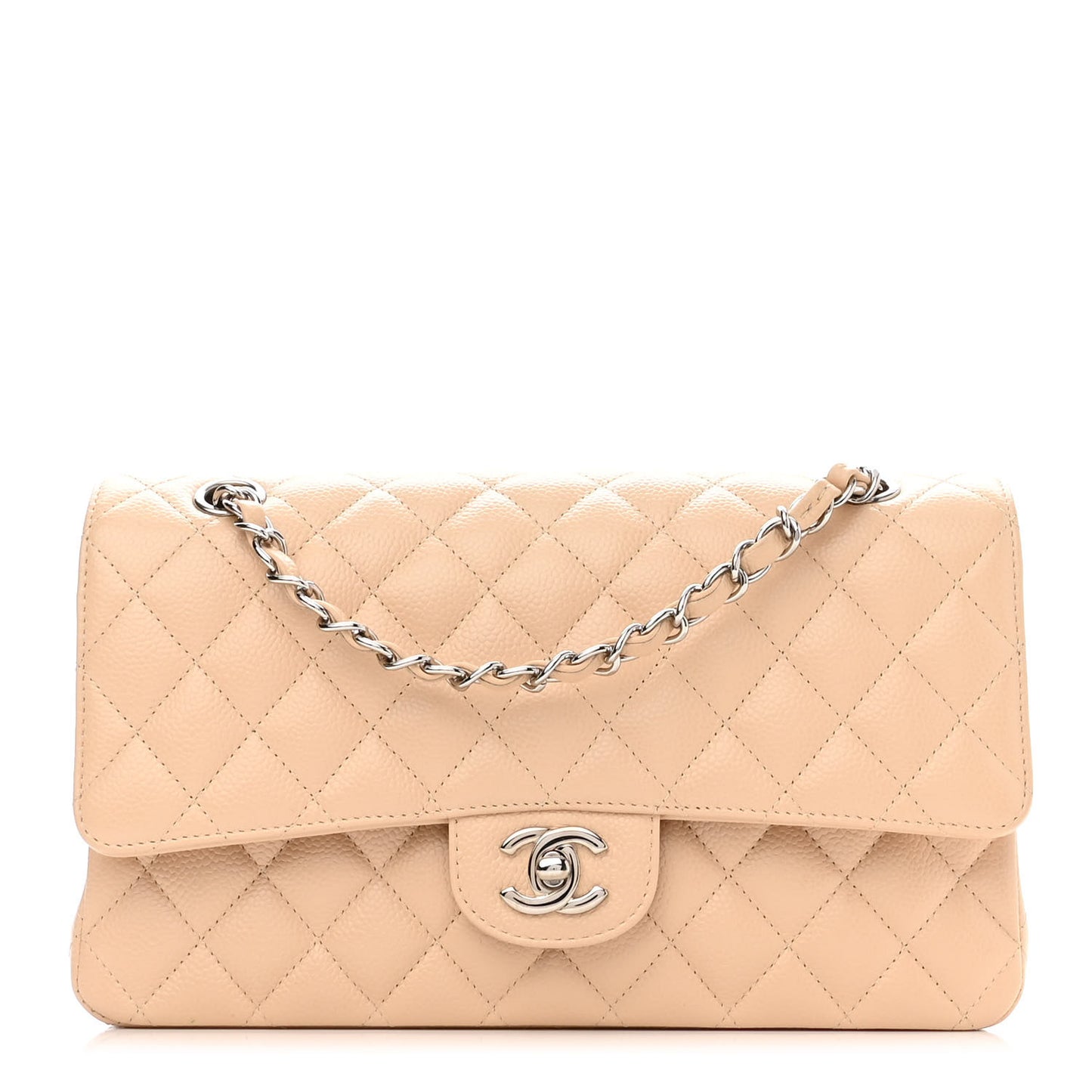 Caviar Quilted Medium Double Flap Beige