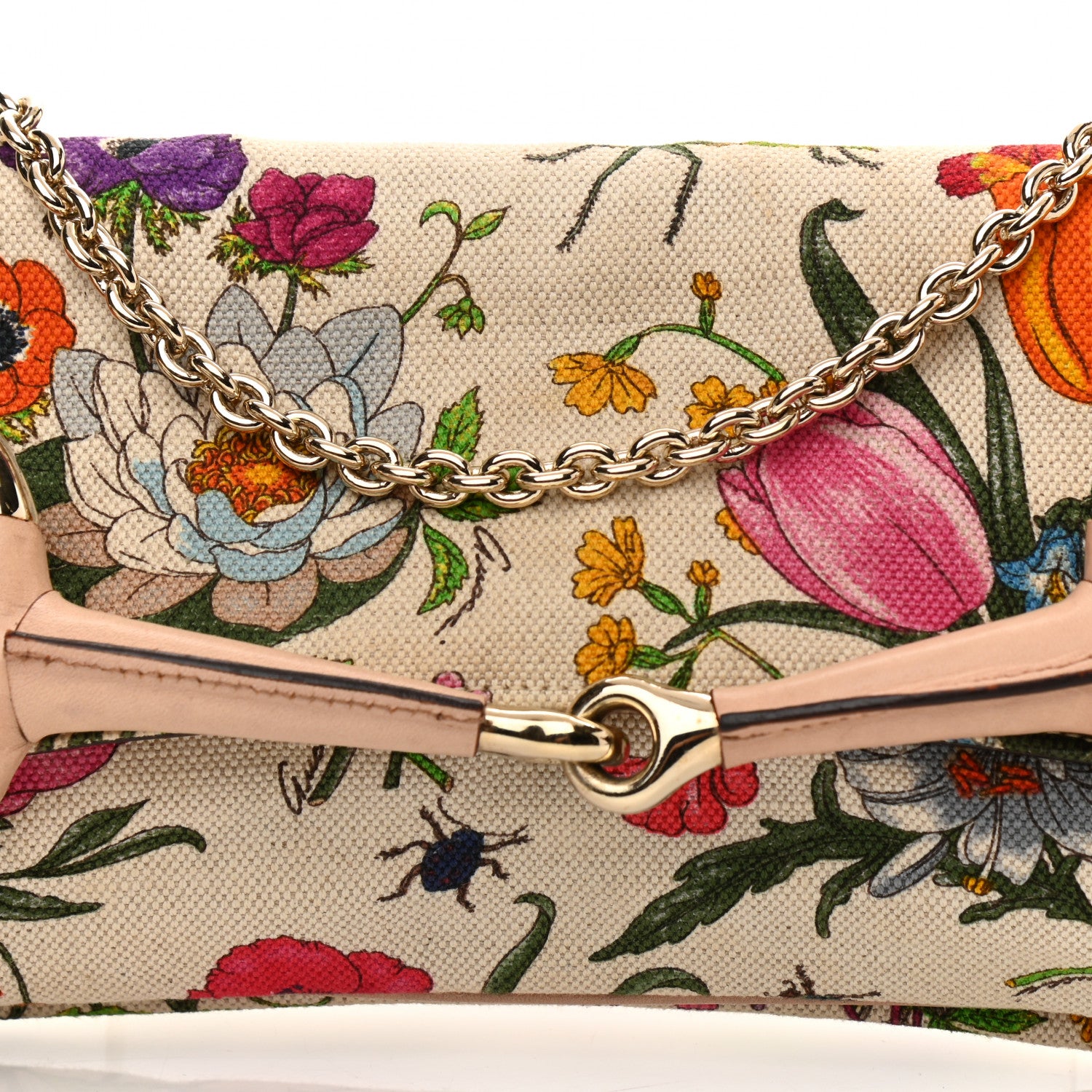 Gucci Canvas Flora Floral Horsebit Chain Clutch 7 of 15