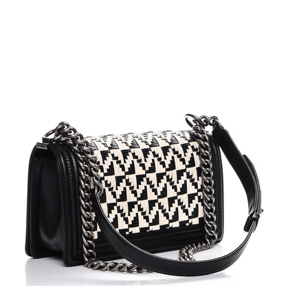 Chanel Calfskin Woven Medium Boy Flap Black White 3 of 7