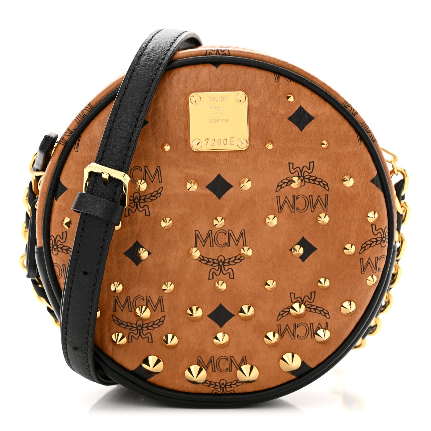MCM Visetos Studded Big O Small Round Crossbody Cognac 1 of 9