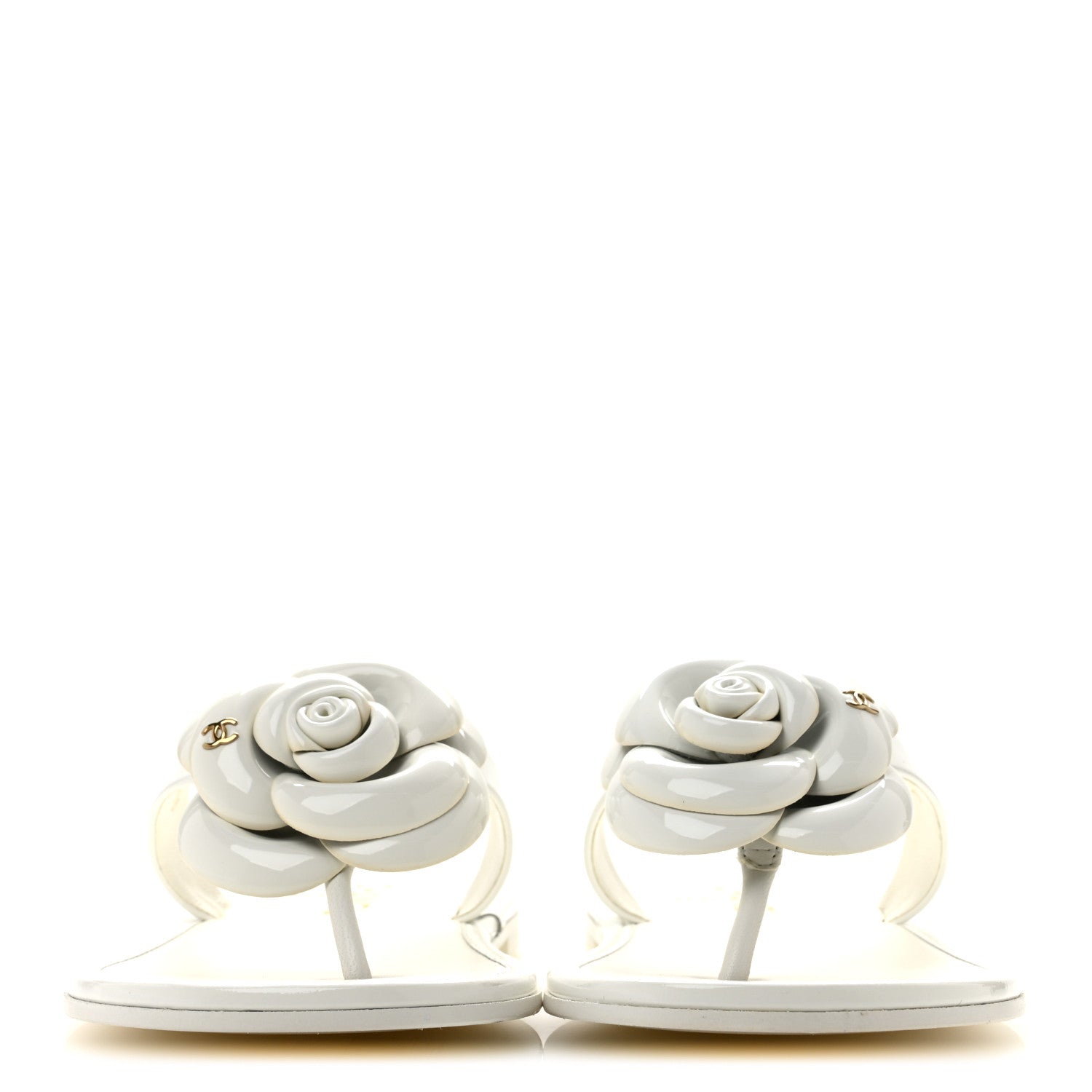 Chanel Patent Calfskin Camellia Thong Sandals 37.5 White 3 of 10