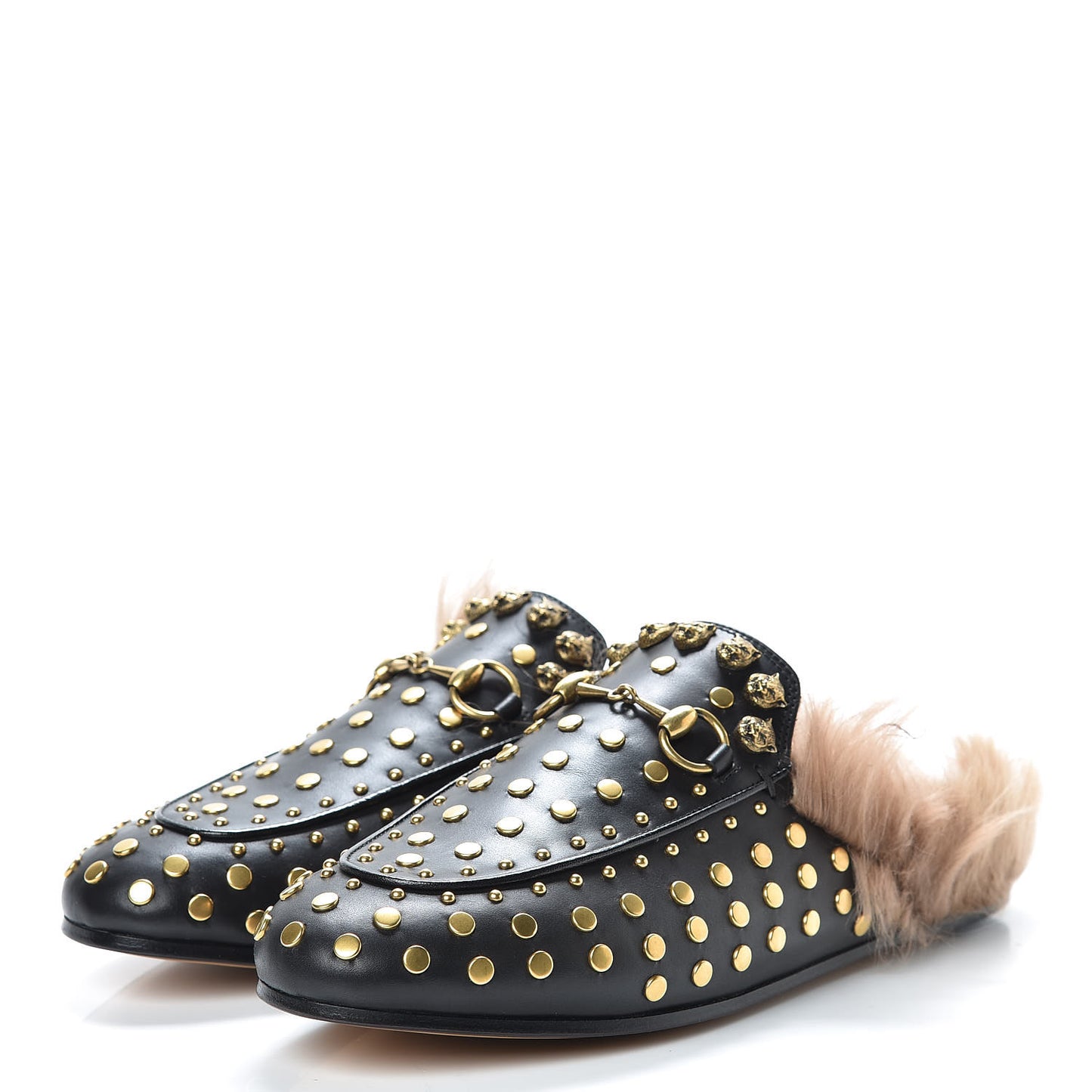 Calfskin Lambswool Studded Womens Princetown Slippers 37 Black