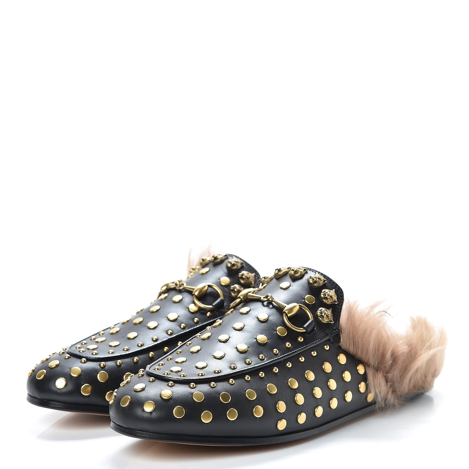 Gucci Calfskin Lambswool Studded Womens Princetown Slippers 37 Black 3 of 8