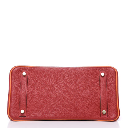 Hermes Taurillon Clemence Horseshoe Bi-Color Birkin 30 Rouge Garance and Orange 6 of 28