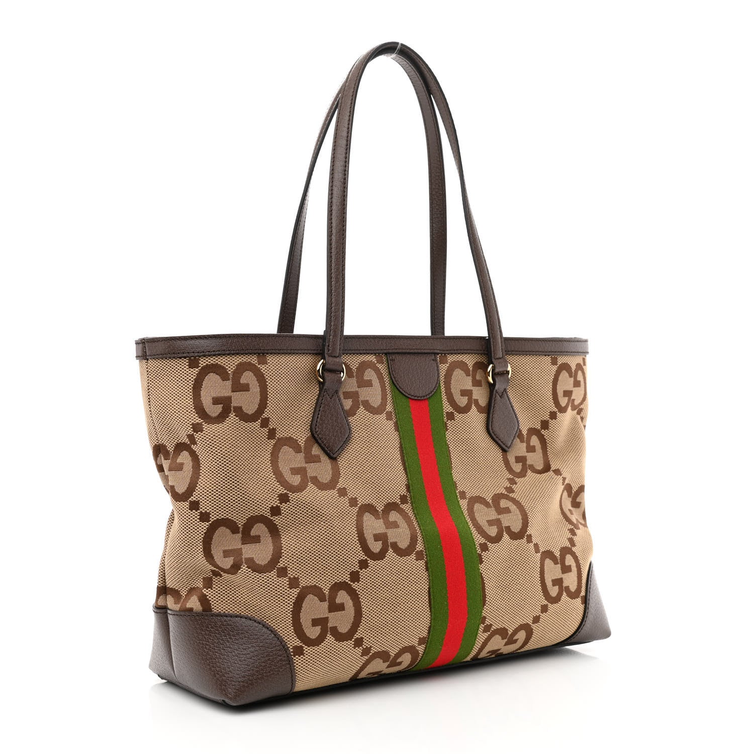 Gucci Monogram Jumbo GG Textured Dollar Calfskin Web Medium Ophidia Shopping Tote Camel Ebony 3 of 10