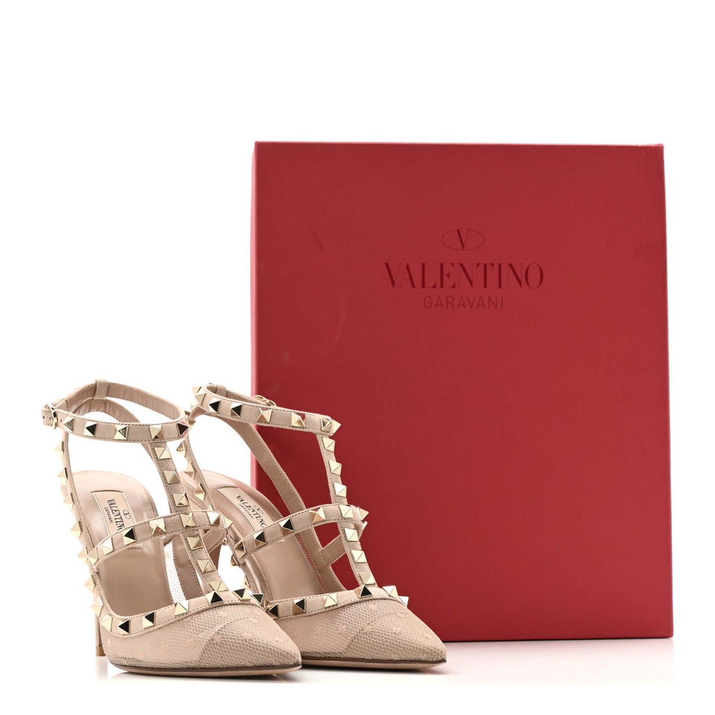 Mesh Calfskin Rockstud Ankle Strap 100mm Pumps 37 Biscotto