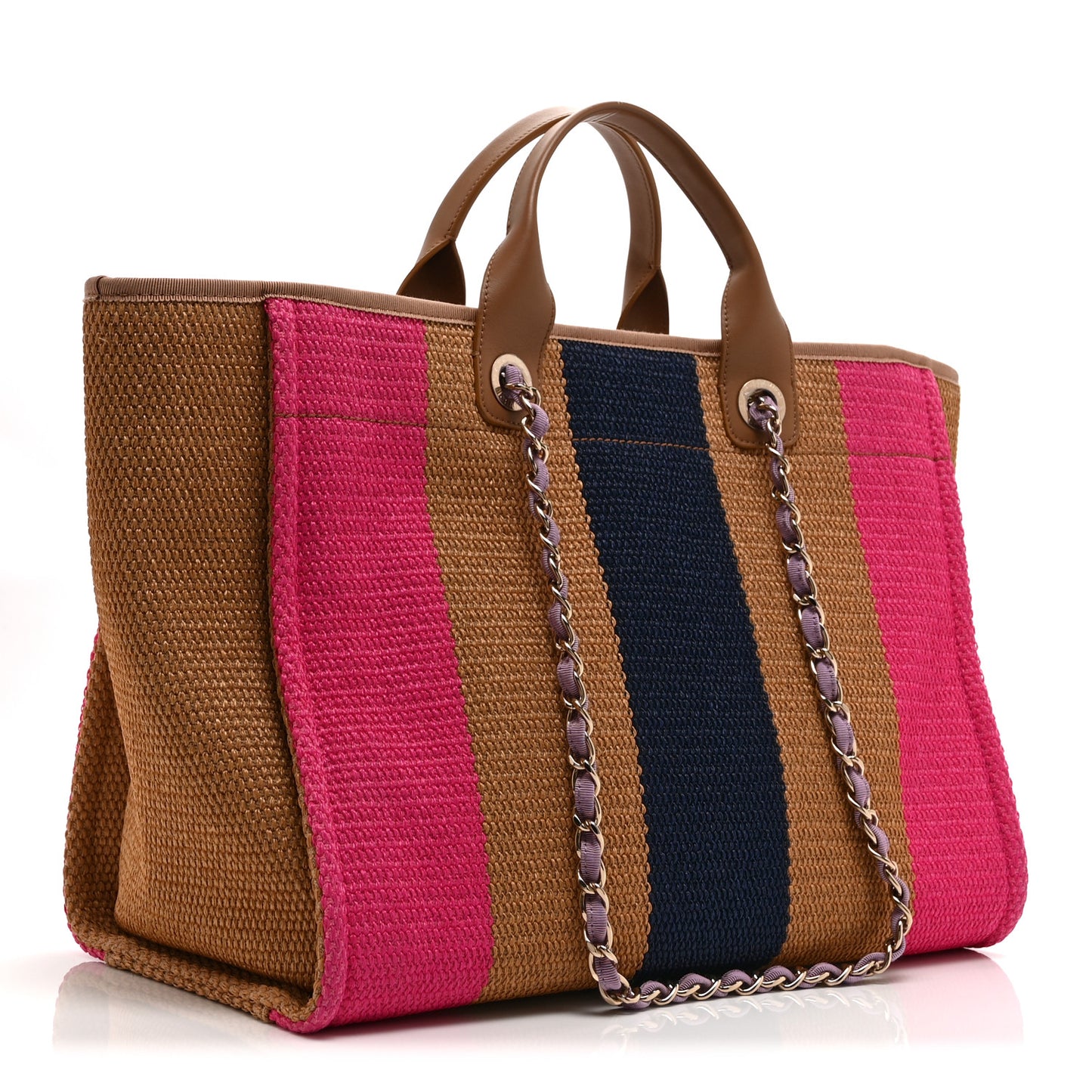 Straw Raffia Calfskin Striped Medium Deauville Tote Dark Beige Fuchsia Navy Blue