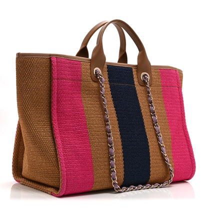 Chanel Straw Raffia Calfskin Striped Medium Deauville Tote Dark Beige Fuchsia Navy Blue 3 of 10