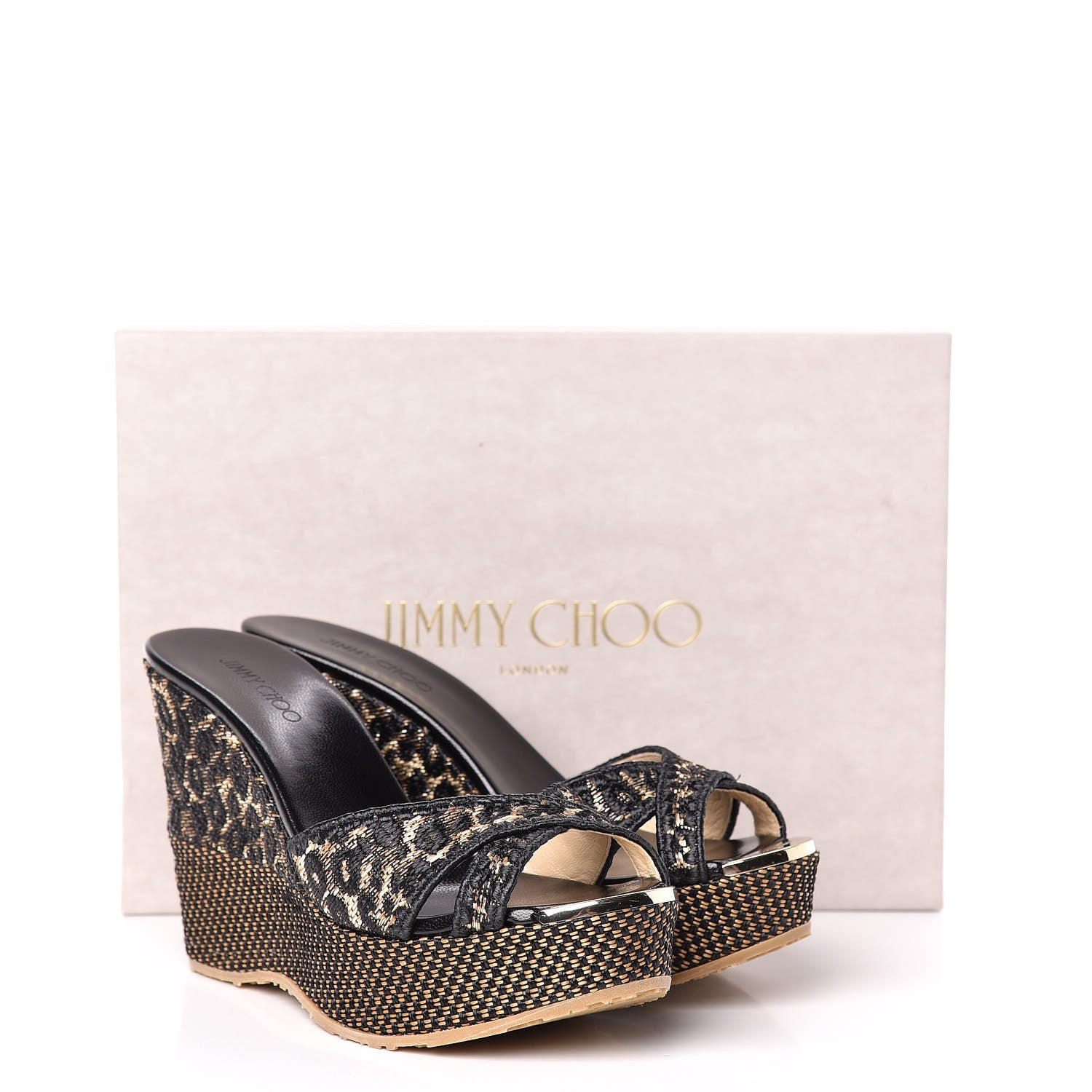 Jimmy Choo Woven Raffia Leopard Print Perfume Wedge Sandals 37.5 Black 10 of 10