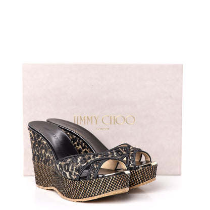 Jimmy Choo Woven Raffia Leopard Print Perfume Wedge Sandals 37.5 Black 10 of 10