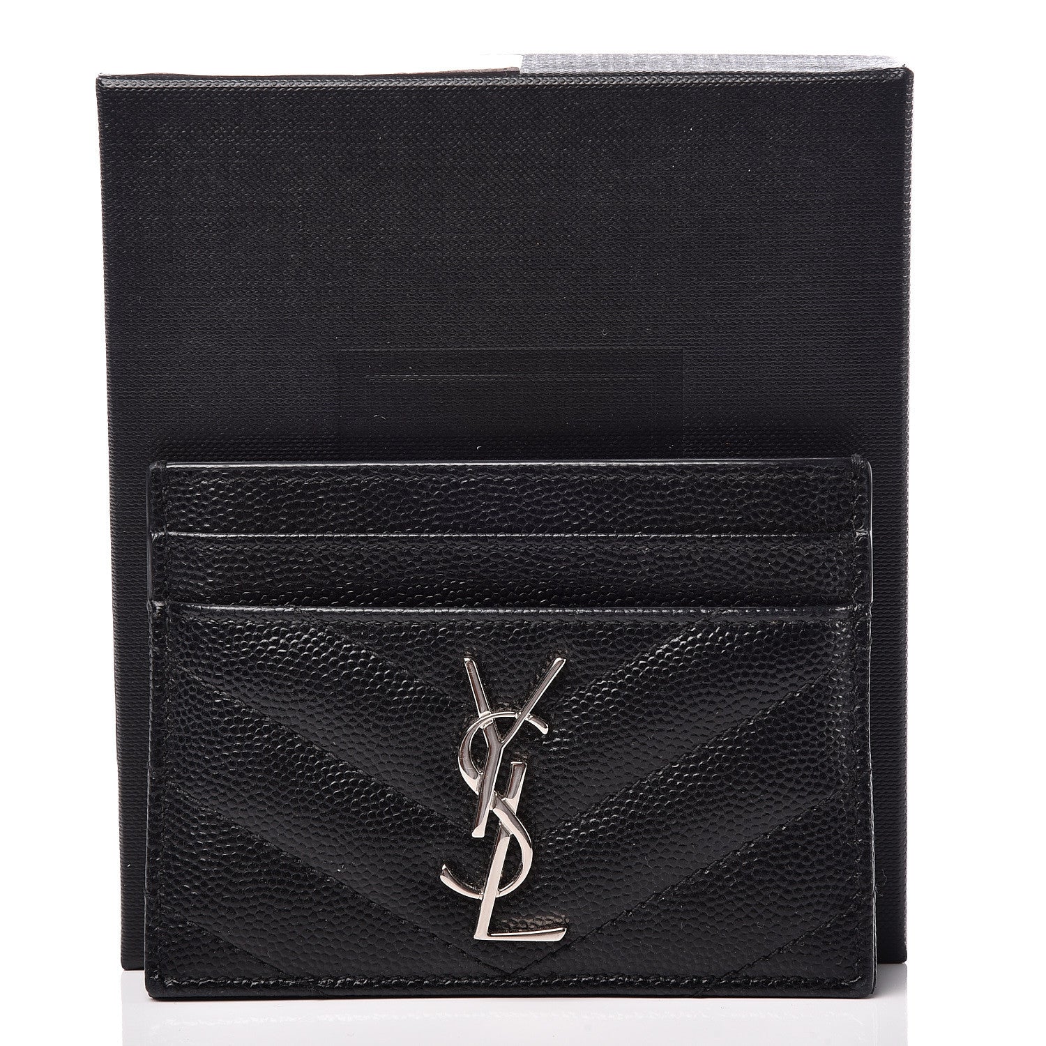 Saint Laurent Grain De Poudre Matelasse Chevron Monogram Credit Card Case Black 9 of 9