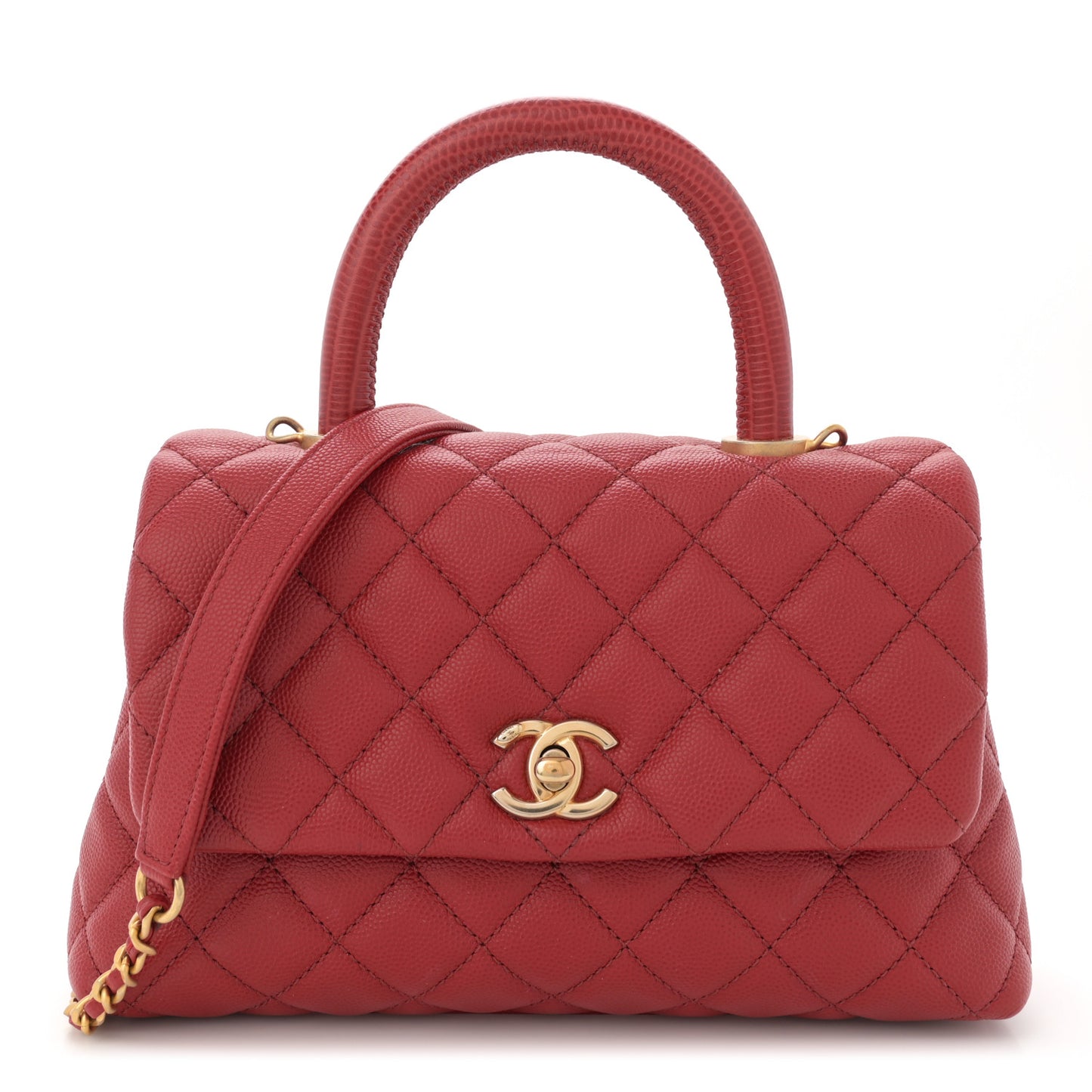 Caviar Lizard Embossed Quilted Mini Coco Handle Flap Red