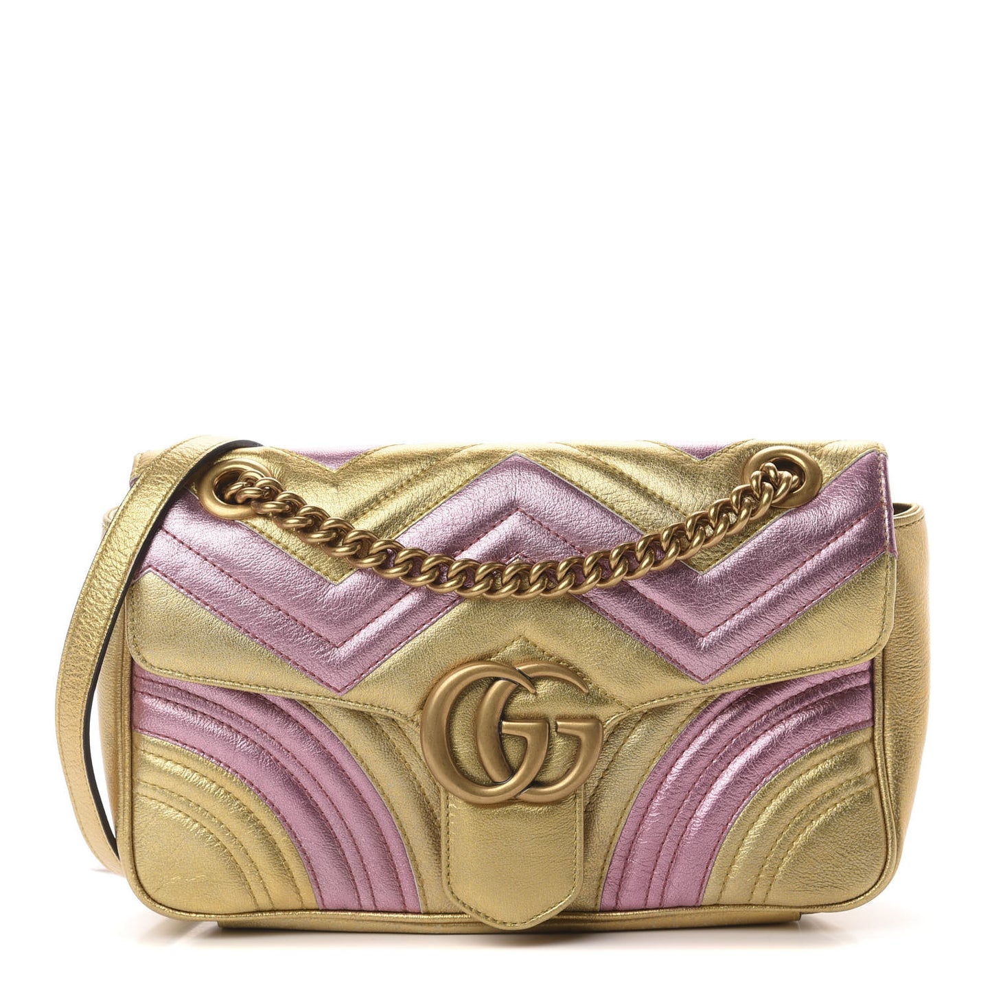 Metallic Calfskin Matelasse Small GG Marmont Shoulder Bag Gold Pink