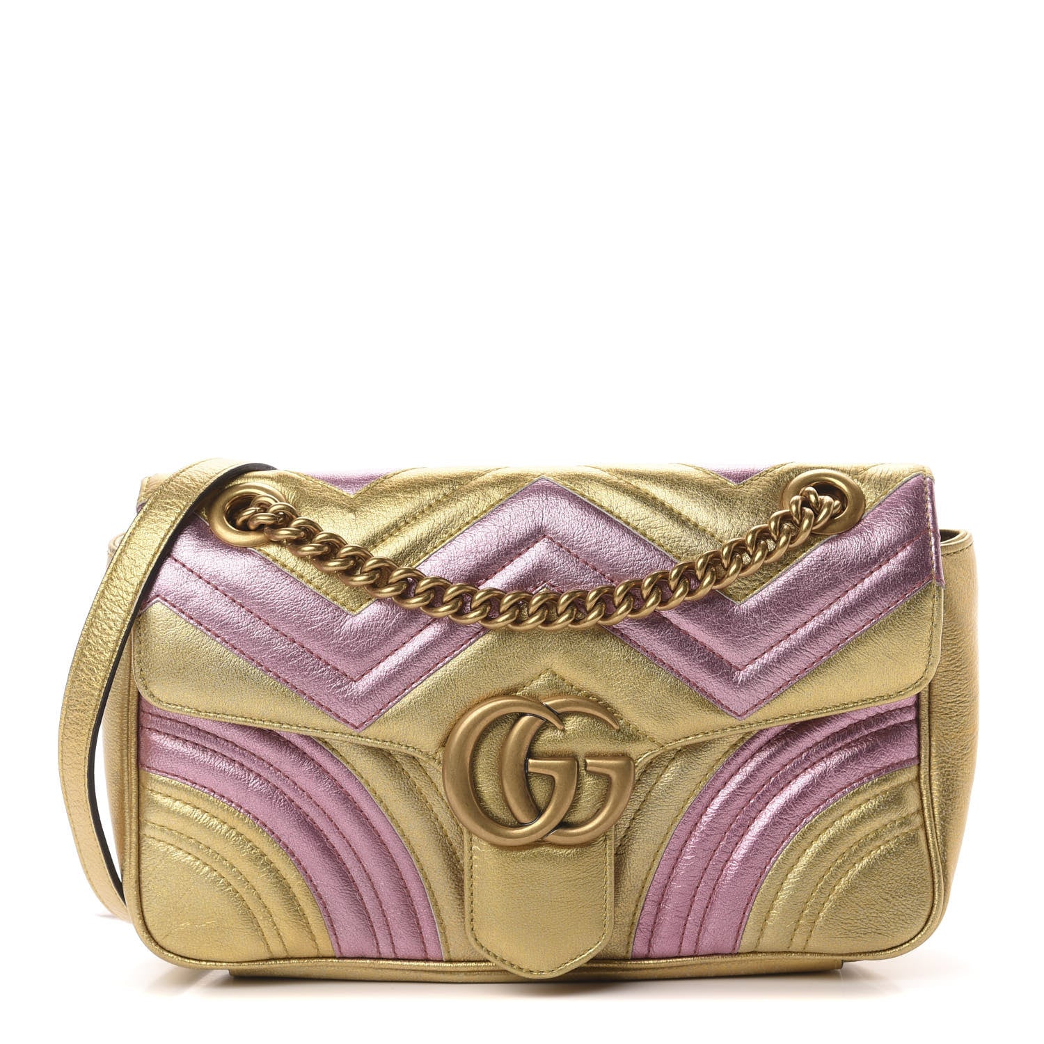Gucci Metallic Calfskin Matelasse Small GG Marmont Shoulder Bag Gold Pink 1 of 10