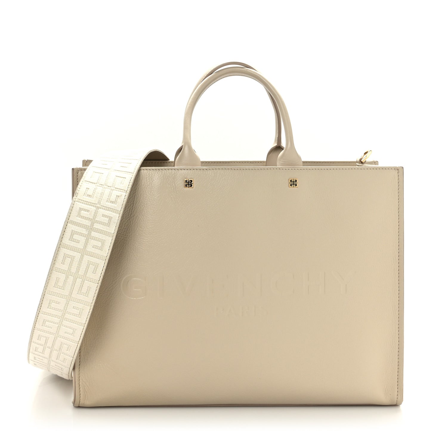 Tumbled Calfskin Logo Embossed Medium G-Tote Beige