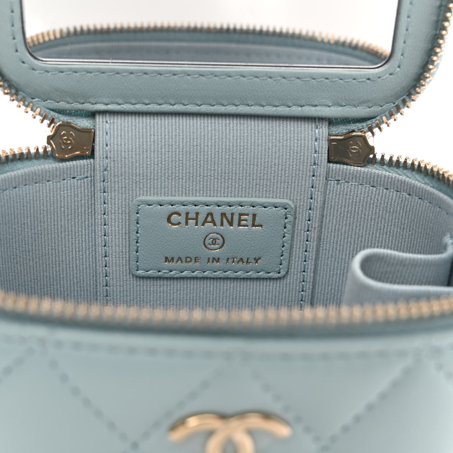 Lambskin Quilted Mini Vanity Case With Pearl Chain Light Blue