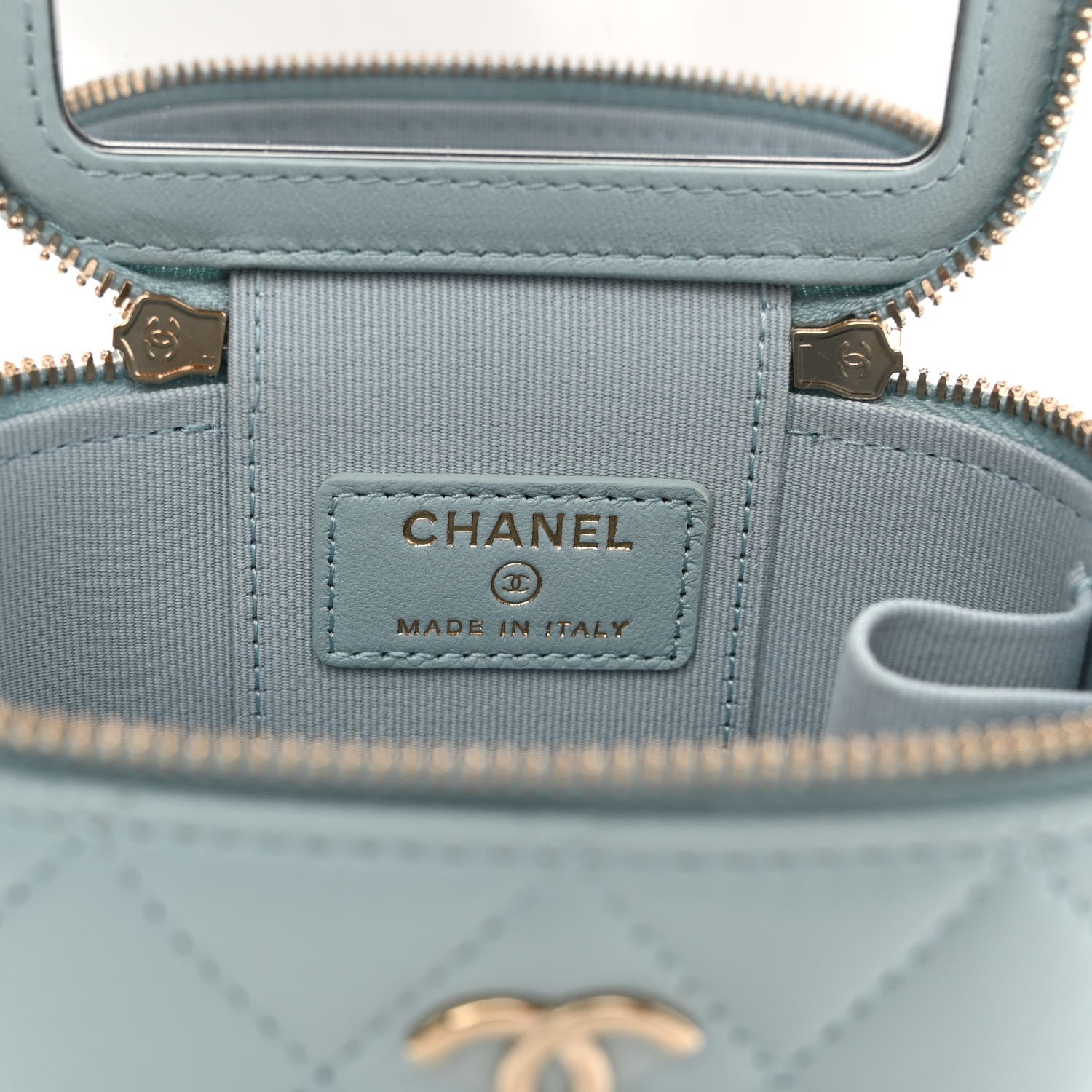 Chanel Lambskin Quilted Mini Vanity Case With Pearl Chain Light Blue 6 of 10